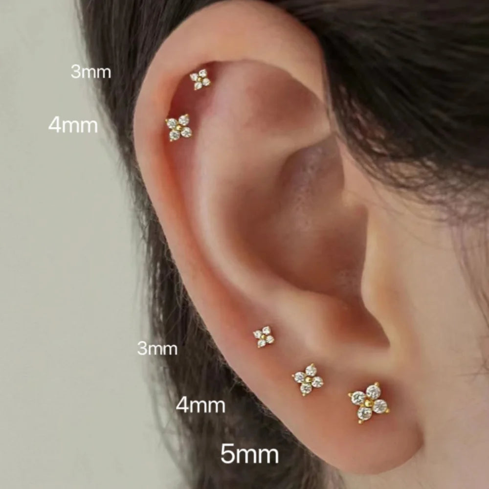 Dainty Flower Stainless Steel Stud Earrings for Women Piercing Cartilage Ear Ring Cute Zircon Gold Color Clover Jewelry Gift