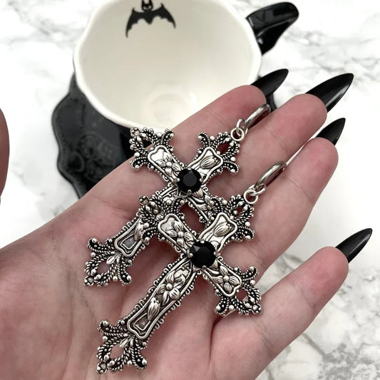 Gothic Large Silver Colour Tone Jewel Cross Earrings with Black Punk Hallowmas Jewellery Gorgeous Wedding Statement Women