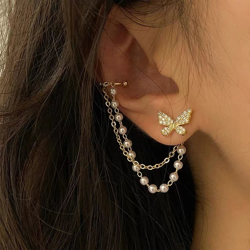 Korean Elegant Rhinestone Butterfly Stud Earrings For Women Girls Cute Fashion Metal Cuff Chain Tassel Boucle D'oreille Jewelry