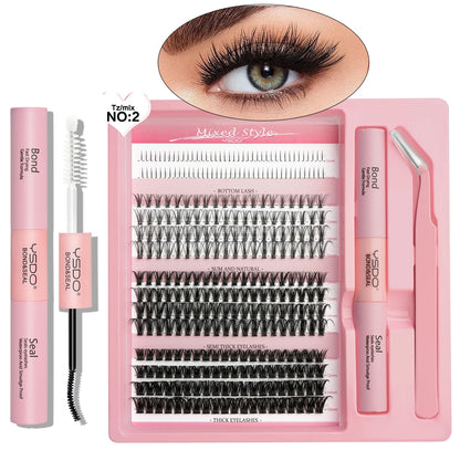 20D/40D/60D Clusters Individual Lashes 5-16 mm Grafting Eyelash Bond and Seal Makeup Set 14 Rows DIY Mixed False Eyelashes Kit