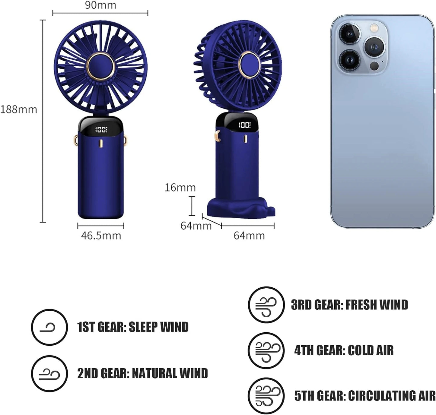 Handheld Fan Mini Fan Portable with LED Display, Type-C Rechargeable