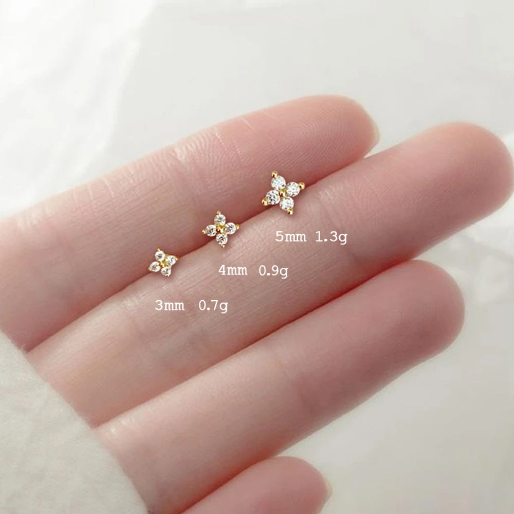 Dainty Flower Stainless Steel Stud Earrings for Women Piercing Cartilage Ear Ring Cute Zircon Gold Color Clover Jewelry Gift