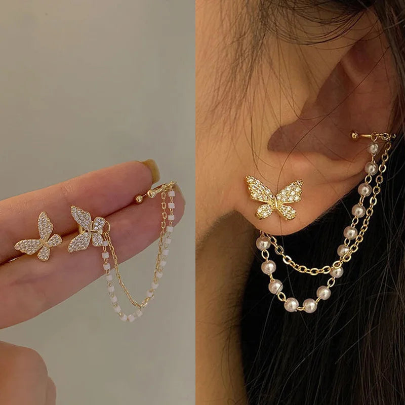 Korean Elegant Rhinestone Butterfly Stud Earrings For Women Girls Cute Fashion Metal Cuff Chain Tassel Boucle D'oreille Jewelry