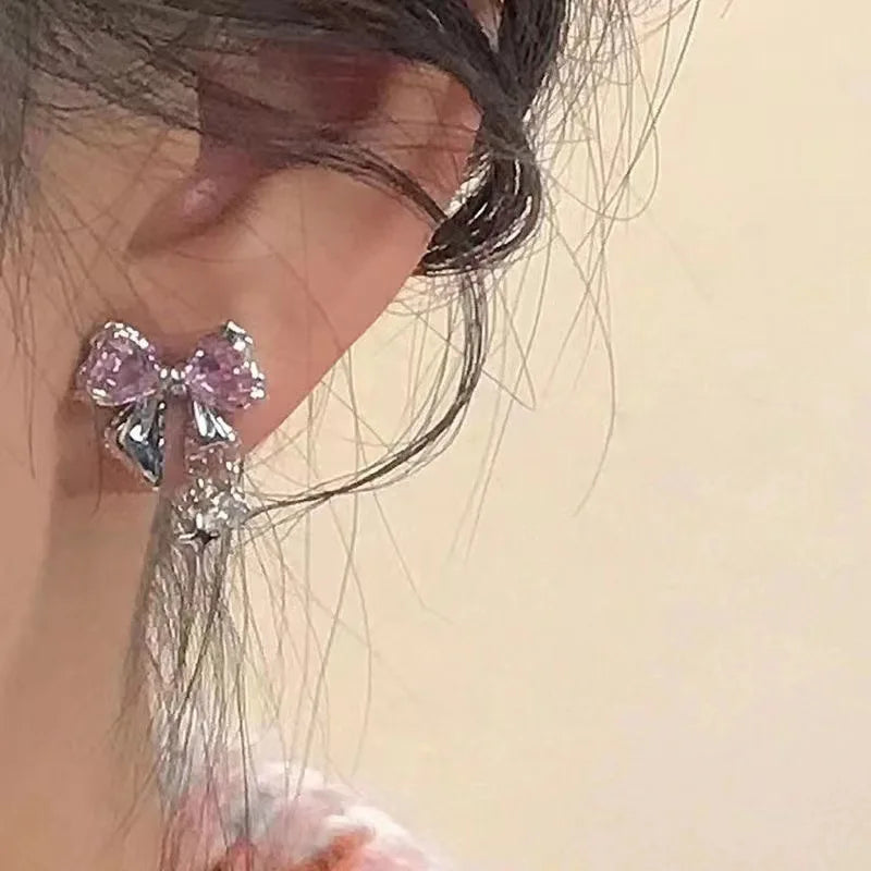 Y2K Bowknot Zircon Stud Earrings for Women Fashion Korean Silver Color Pink Crystal Personality Earring Girl Party Jewelry Gifts