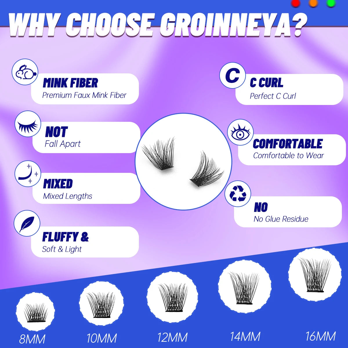 GROINNEYA Cluster Lashes Mixed Tray Individual Lashes 3D Volume Eye Lashes Soft Natural Lashes Mink Lash Cluster False Eyelashes