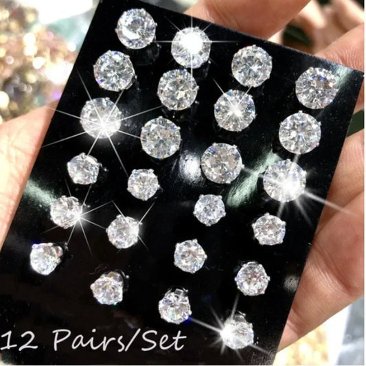 12 Pairs/Pack White Shiny Wedding Stud Earrings Set for Women Men Crystal Jewelry Accessories Minimalist Earrings Jewelry Gifts