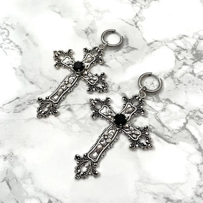 Gothic Large Silver Colour Tone Jewel Cross Earrings with Black Punk Hallowmas Jewellery Gorgeous Wedding Statement Women