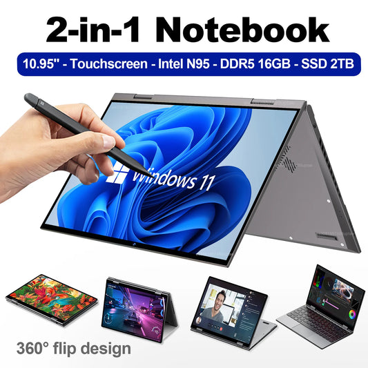 2 in 1 Touchscreen 10.95" Laptop 360° Flip Laptop Intel Celeron