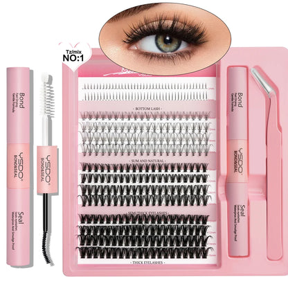 20D/40D/60D Clusters Individual Lashes 5-16 mm Grafting Eyelash Bond and Seal Makeup Set 14 Rows DIY Mixed False Eyelashes Kit